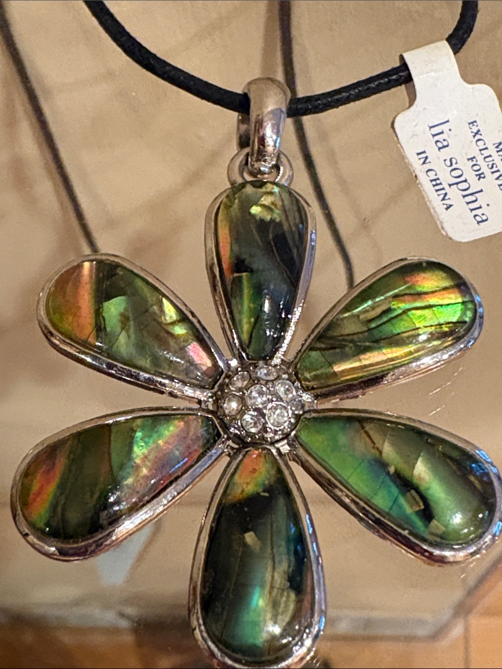 Lia Sophia Green Abalone Flower Pendant on 20” Black Cord